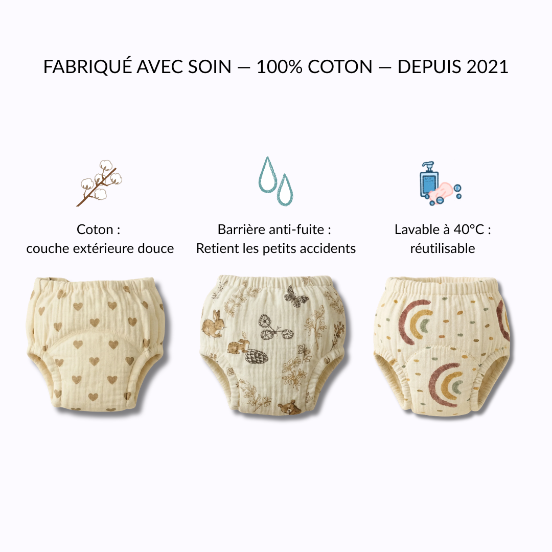 Culottes d'Apprentissage - Propre en 2-3 Semaines - 100% Coton Réutilisable - Enfilage Facile Dès 18 Mois