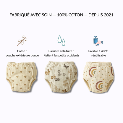 Culottes d'Apprentissage - Propre en 2-3 Semaines - 100% Coton Réutilisable - Enfilage Facile Dès 18 Mois