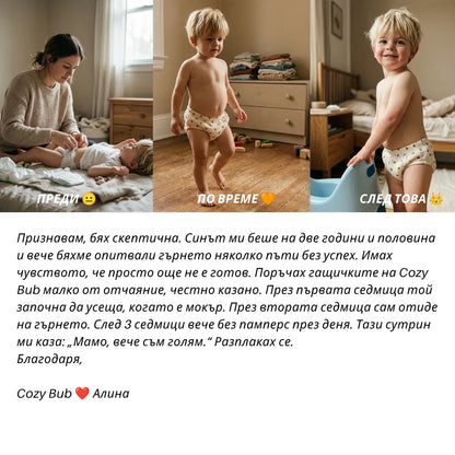 Тренировъчни гащички · Приучени за 2-3 седмици · 100 % памук за многократна употреба · Лесни за обуване от 18 месеца