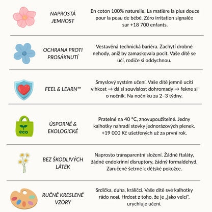 Tréninkové kalhotky na nočník - na nočníku za 2-3 týdny - 100% bavlna, znovupoužitelné - snadné nazouvání už od 18 měsíců