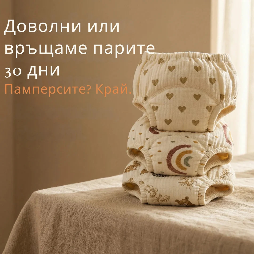 Тренировъчни гащички · Приучени за 2-3 седмици · 100 % памук за многократна употреба · Лесни за обуване от 18 месеца